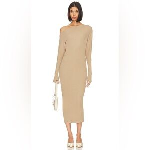Enza Costa Knit Slouch Long Sleeve Off Shoulder Midi Dress xs Khaki